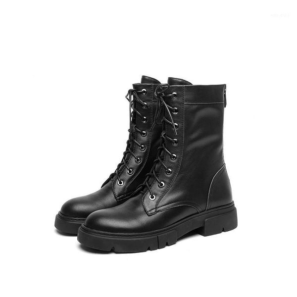 

woman's boots round toe 3cm high heels back zipper ankle boots genuine leather lace up keep warm fashion lady shoes1, Black