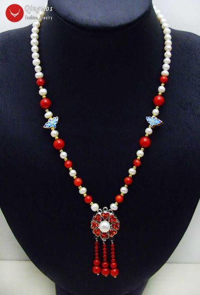 

pendant necklaces qingmos trendy natural white pearl 20" necklace for women with 3-6mm red round coral & 25mm green tassel necklace-608, Silver