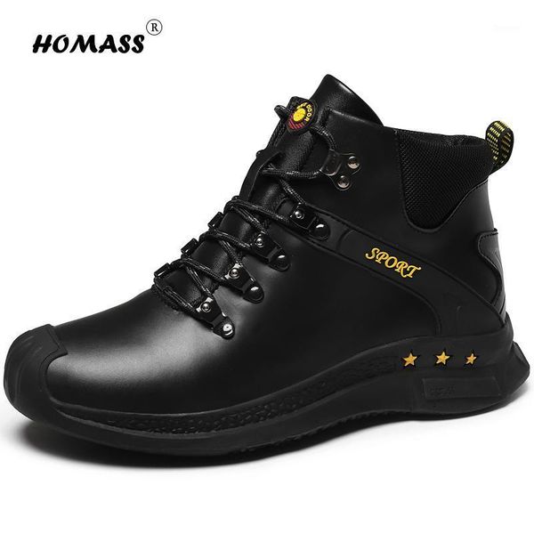 

boots men boots leather ankle lace up plush fur inside men's shoes outdoor work fashion shoes 16 hole1, Black