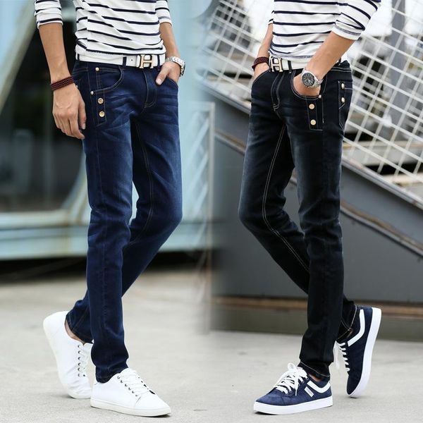 

fashion men's ripped spring summer hiphop high street button jeans man casual elastic straight plus size, Blue