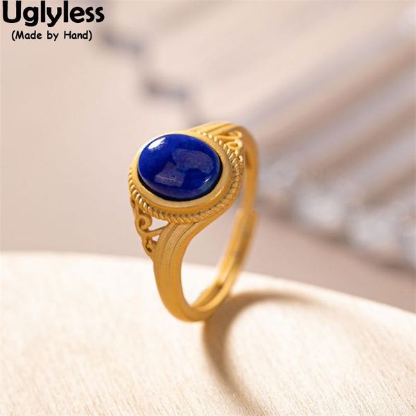

cluster rings uglyless noble royal blue lapis for women natural gemstones open gold 925 silver hollow vintage ethnic jewelry, Golden;silver