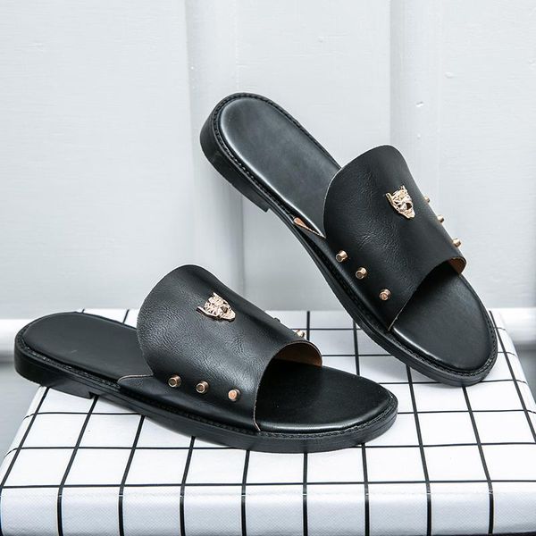 

men genuine leather slippers flat comfort beach sliders tide male rivet stud slipper non-slip black mens casual spikes shoes rubber large si