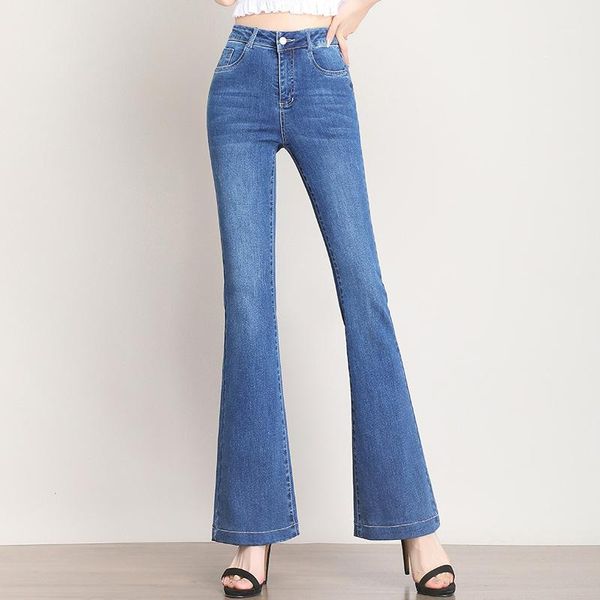 

2020 high waist vintage flare pants women slim ladies bootcut mom jeans female floral embroidery femme loose denim trouser1, Blue