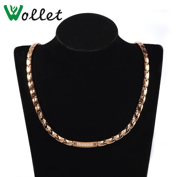

wollet jewelry rose gold 316l stainless steel necklace for women cz stone hematite germanium prong setting 55cm 0.65cm q1209, Bronze;silver