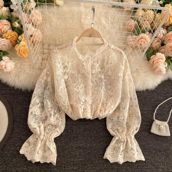 

2020 autumn spring women hollow out lace blouse, White