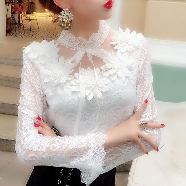 

spring autumn women long sleeve blouse sweet floral hollow lace shirt female bow mesh blouses short bottoming ab1138 y200402, White
