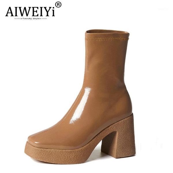 

boots aiweiyi short women patent leather thick high heels winter shoes high-heeled black booties1