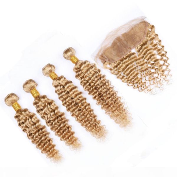 

indian virgin human hair honey blonde deep wave 4bundles with frontal #27 light brown deep wavy lace frontal closure 13x4 with weaves, Black;brown