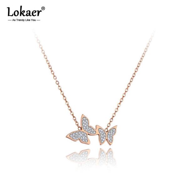 

lokaer trendy stainless steel double crystal butterfly choker necklaces jewelry lovely pendant necklace for women girls n19179, Silver