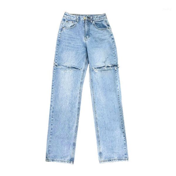 

spring and summer fashion all-match wide-leg pants women's high waist loose retro mop hole washed jeans women's street fashion1, Blue