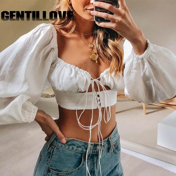 

elegant solid women hollow out bandage blouse female summer v neck puff long sleeve shirt ladies short square collar, White