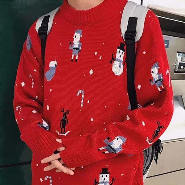 

2020 japanese retro harajuku style santa claus embroidery knit sweater round neck pullover couple sweater men and women loose, White;black