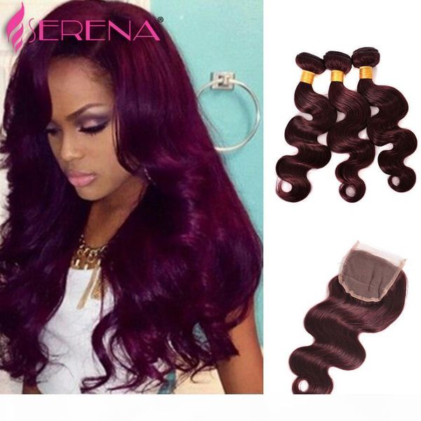 

99jperuvian virgin hairbodywave3pcs burgundy99jperuvianbodywave100% human hair bundles red burgundy peruvian hair weave with closure, Black;brown