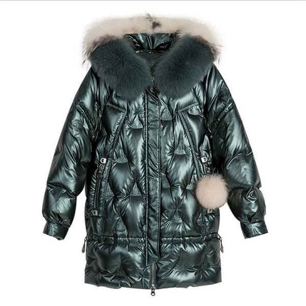 

winter duck jacket women hooded big fox fur collar puffer coat korean shiny womens down jackets parka 201103, Black