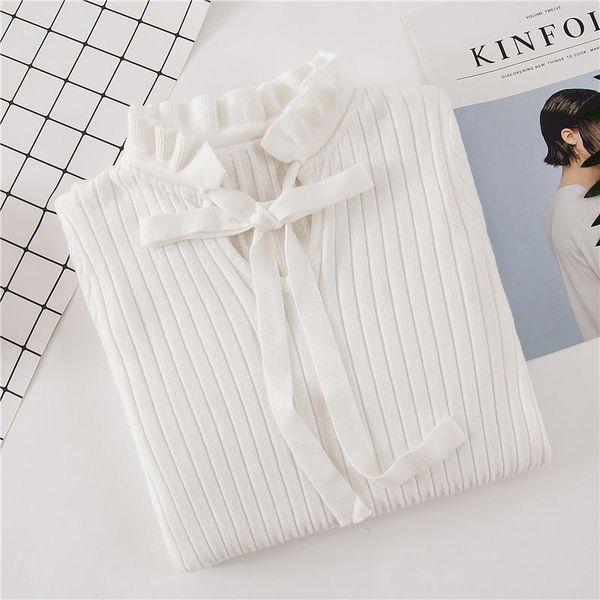 

2020 casual spring women slim sweater winter knitted sweater lace up flare long sleeve ruffle knitting pullover womens sweaters, White;black