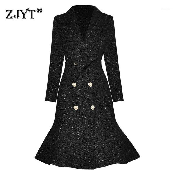 

autumn winter runway fashion tweed woolen jackets coats women elegant trumpet vestidos long wool blend party overcoat outerwear1, Black