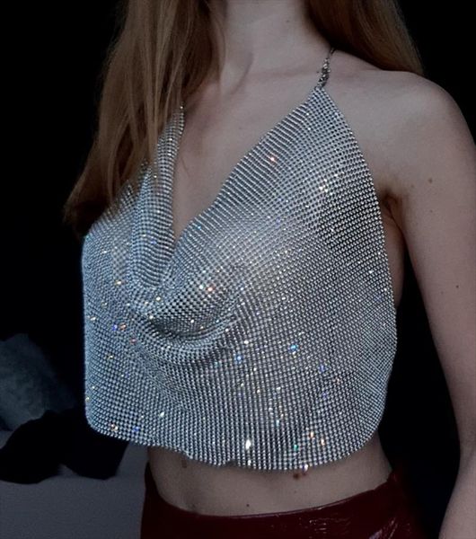 

2020 crystal diamond backless chain tank womens metal crop nightclub summer beach club sequin party club vest, White