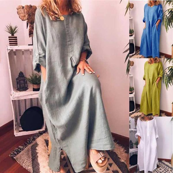 

ethnic clothing muslim abaya women fashion cotton and linen solid color ankle dress summer plus size casual round neck islamic clothing1, Red