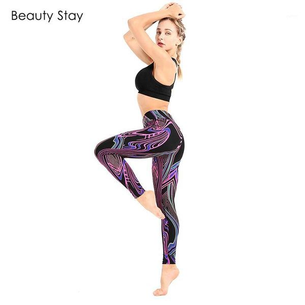 

beauty stay summer women leggings color digital line lightness plus size fitness push up ankle-length high waist trousers1, Black