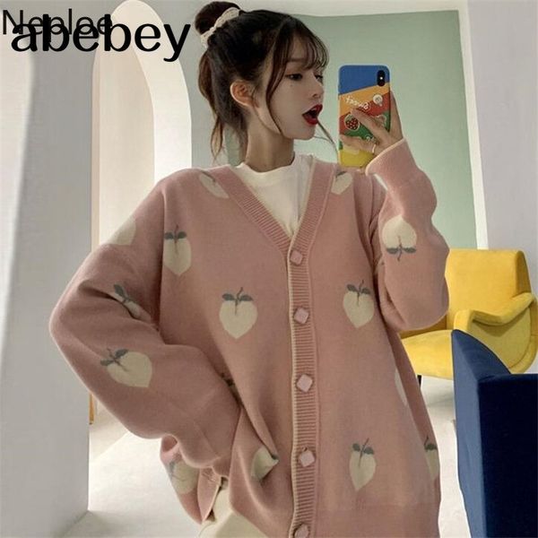 

sweater cardigan cute pink coat women peach pattern knitted oversized jacket korean autumn long sleeve pull femme 201202, White;black