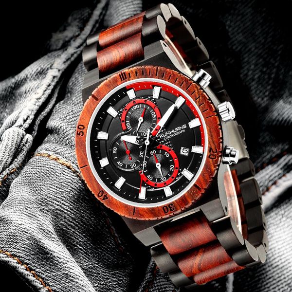

relogio masculino kunhuang wooden watch men brand luxury stylish chronograph military watches in wooden box reloj hombre wmtwnp, Silver