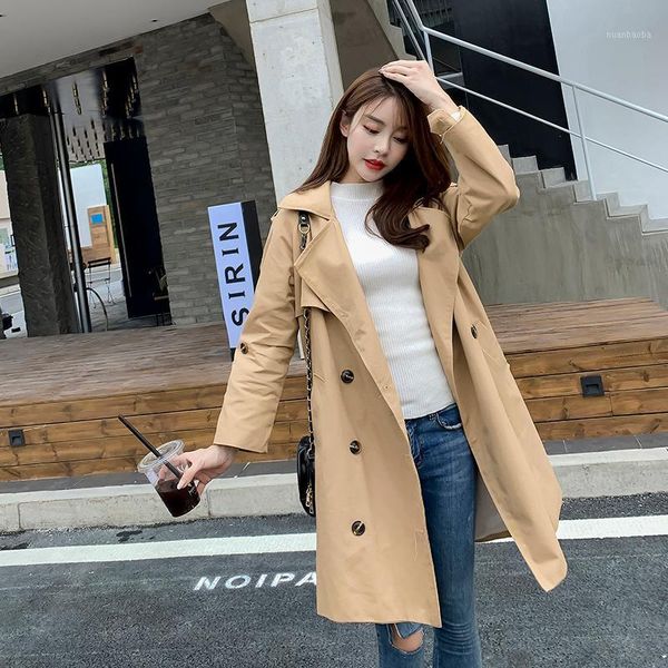 

2020 autumn fashion new women cotton trench korean design new knee-length coat double breasted long sleeve office lady coats1, Tan;black