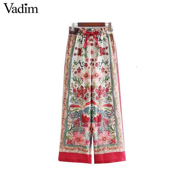 

vadim women vintage floral wide leg pants drawstring tie elastic waist pockets female casual trousers pantalones mujer ka078 y19070101, Black;white