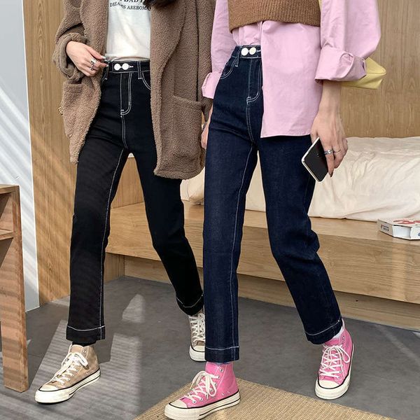 

autumn / winter 2020 korean two button high waist skinny jeans women's open line decoration simple and versatile nine point straight pa, Blue