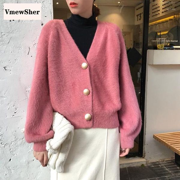 

women's knits & tees vmewsher faux mink cashmere fur women cardigan spring autumn v-neck single breasted casual female sweater soft war, White