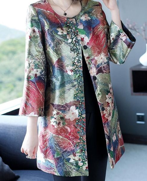 

women's trench coats -4xl 2021 winter women fashion medium and long ethnic style retro jacquard mother dress jacket, Tan;black