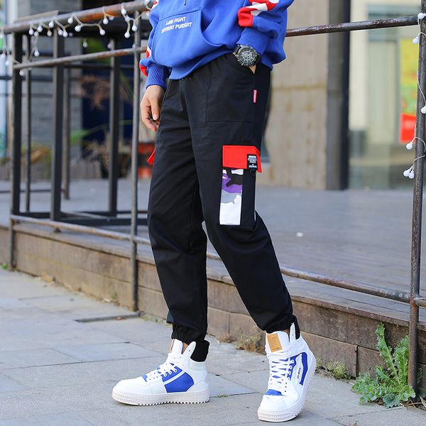 

cargo designer men 2020 mes streetwear patchwork pant corridors yve6, White;black