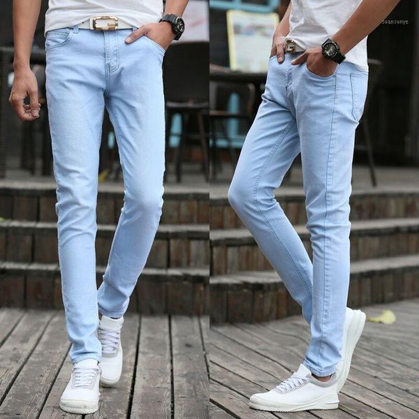 

light blue casual spring autumn solid strech nice skinny jeans men 27-371
