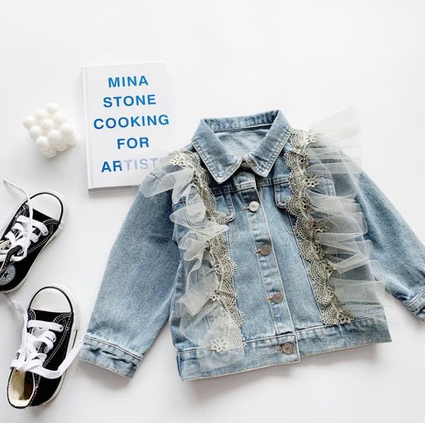 

retail lace mesh jean coat for baby girls, children fashion denim outwear wholesale 2-7t, Blue;gray