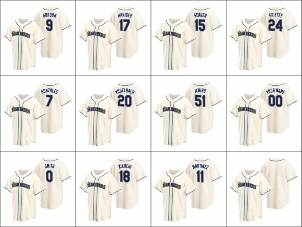 

seattle mariners #24 ken griffey jr. 51 ichiro suzuki 18 yusei kikuchi men women youth custom cream replica alternate jersey, Black