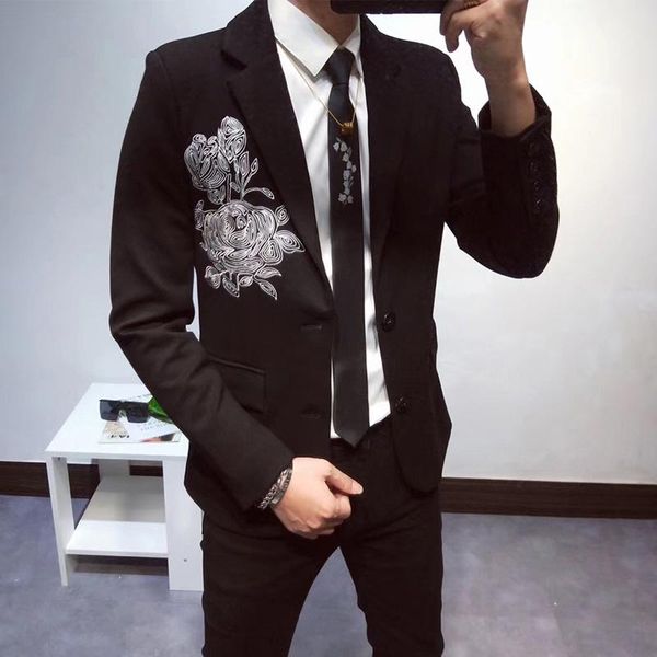 

men's suits & blazers 2021 autumn white rose floral embroidery small suit coat for man groom dress, White;black