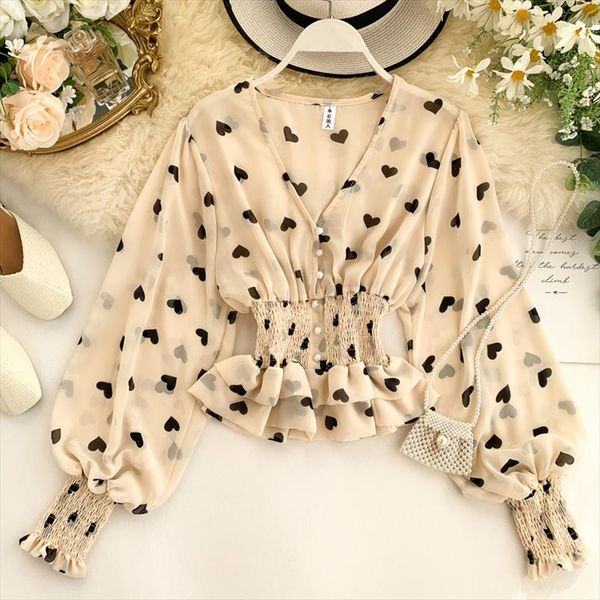 

heart print chiffon blouse shirt women long puff sleeve ruffle transparent chic feminine blouses elegant female clothing, White