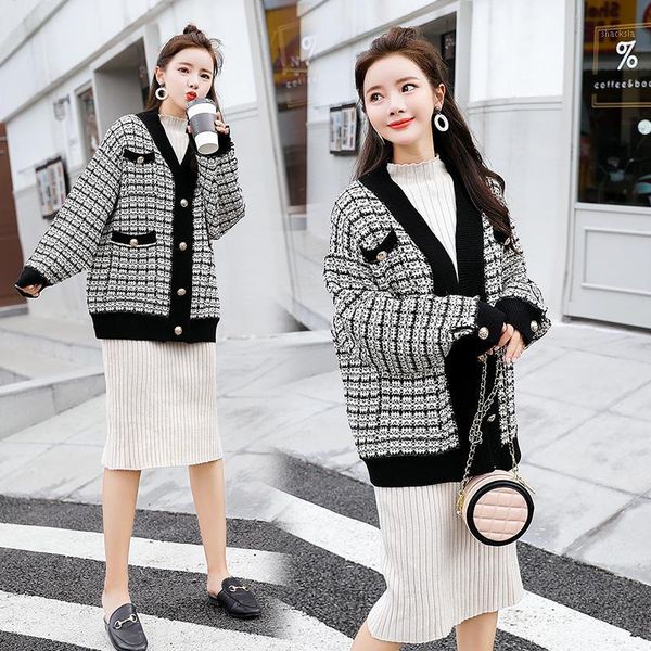 

little fragrant jacket female 2020 new spring autumn clothing loose ladies houndstooth woven coarse women's jacket fashion w301, Black;brown