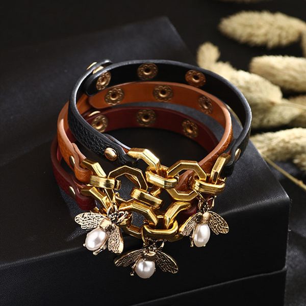

charmsmic bee pendant charms bracelet & bangles for women punk style brown pu leather bracelets button jewelry, Golden;silver