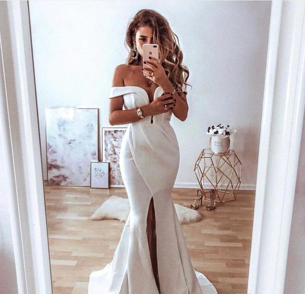 

plus size simple white prom dresses off shoulder high side split floor length formal evening wear party gowns vestidos, Black