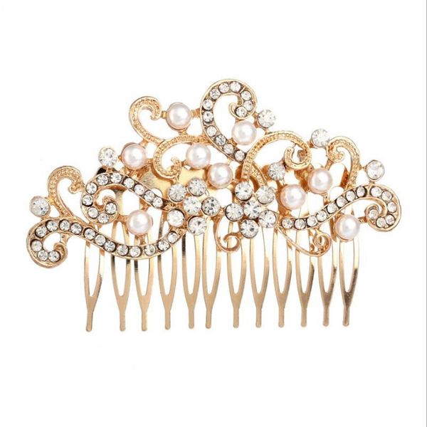 

women pearl hair combs wedding hair accessories pin rhinestone tiara bridal clips crystal bride jewelry for girls, Golden;silver