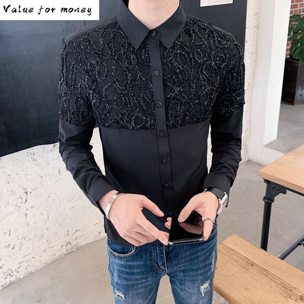 

camisas club masculinas korean men clothes black white retro lace shirt men 2020 autumn long sleeve slim fit social dress shirt c1212, White;black