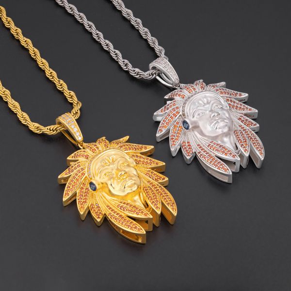 

european and american personality retro indian chief head avatar pendant microstructure zircon two-color necklace accessories sale, Silver