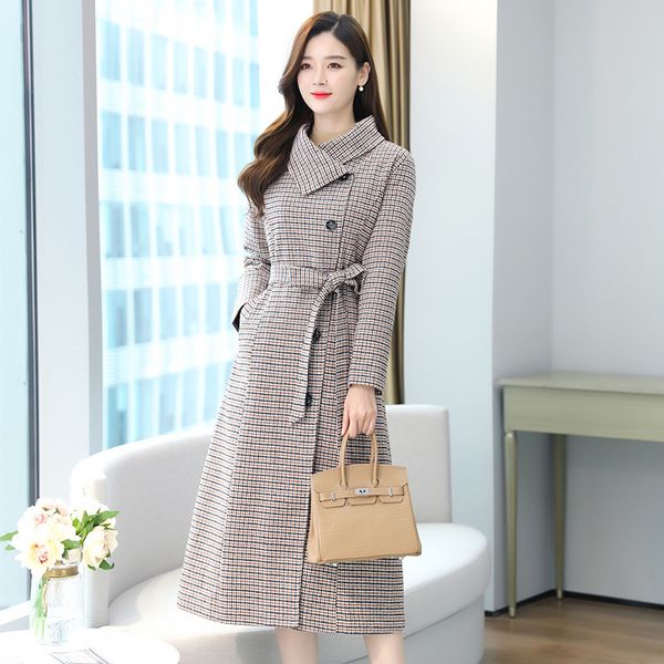 

2021 new popular blouse autumn and winter age reduction show fine chess of women's wool coat v51k, Black;brown
