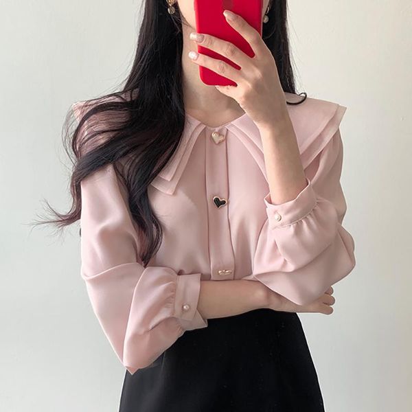 

women's blouses & shirts shintimes button white blouse casual woman clothes 2021 fall pink long sleeve shirt women chemisier femme blu
