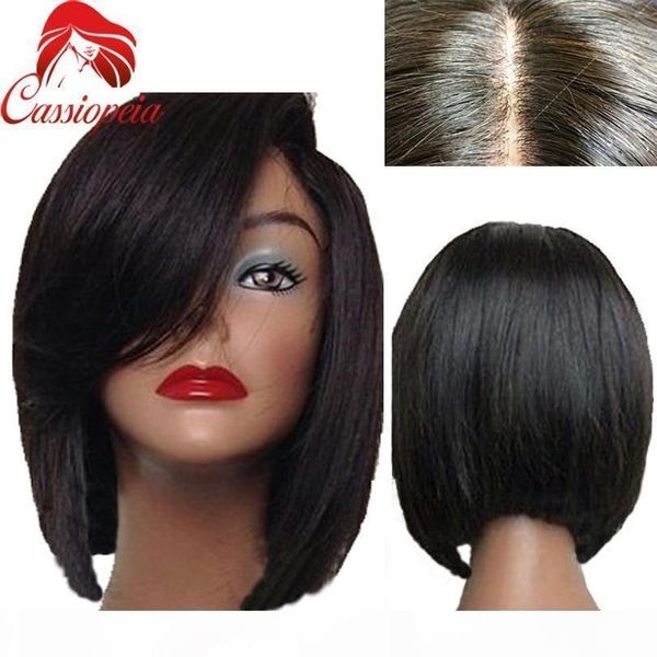 

glueless silk base short bob silky straight full lace wigs with natural hairline for black women left part front lace wig indian hair, Black;brown