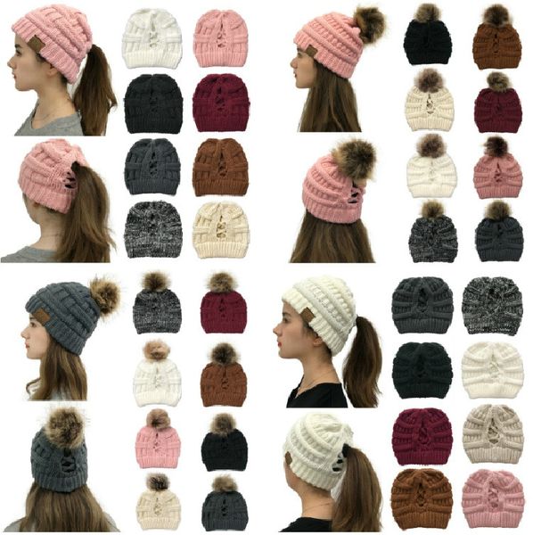 

cute new criss cross skull cap women girl winter knitted hats ponytail beanie detachable pompom hat knit cross cap 36 styles, Blue;gray