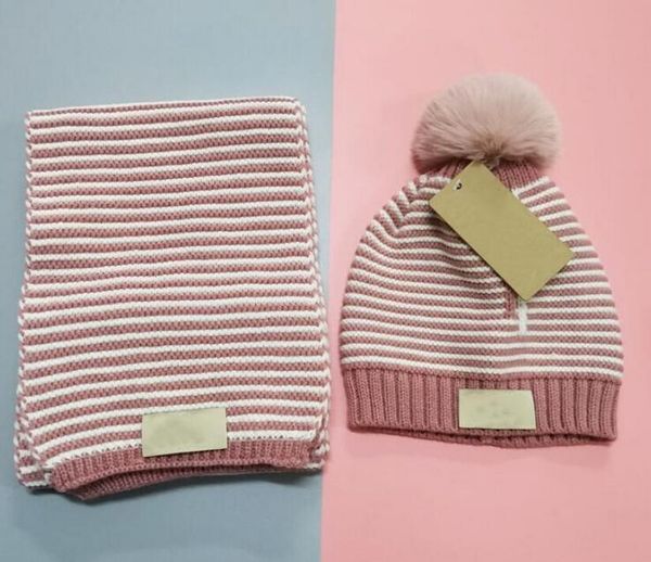 

2021 kids winter hat and scarf sets infant baby knitted beanies hats caps + fur pom poms scarves childrens wool crochet bonnets wholesale, Blue;gray