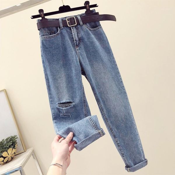 

spring hole denim jean for woman high waist pants vintage skinny jean high waist femme ripped boyfriend jeans1, Blue
