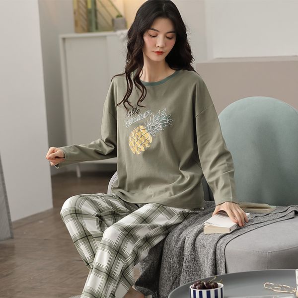 

2021 new autumn winter pajamas for women style printing nightwear female o neck long sleeve cotton plus size sleepwear otnu, Black;red