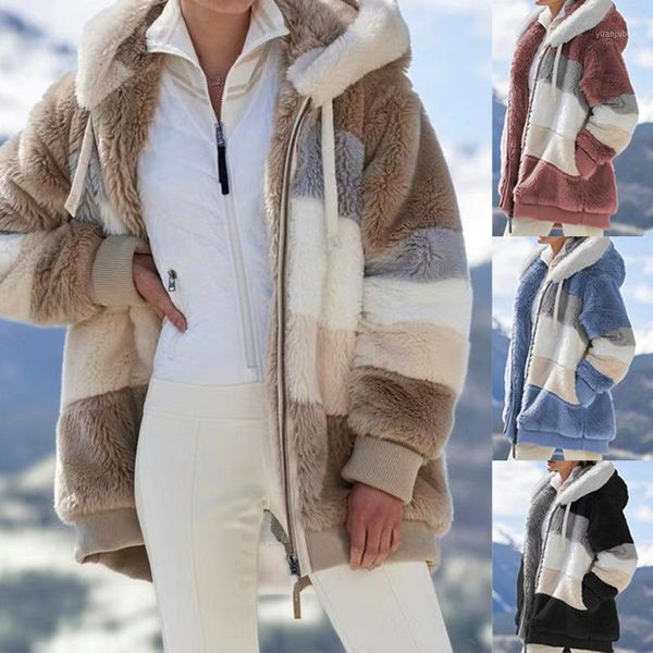 

winter hooded fuzzy coat women 2021 loose korean plus size 5xl jacket woman patchwork zipper warm jackets clothes dropshipping1, Black;brown